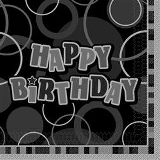 Napkins Happy Birthday Black & Silver Pk12